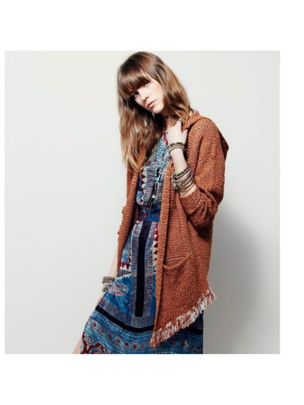 Free People Rust Open-Front Hooded Cardigan with Fringe (D0244)